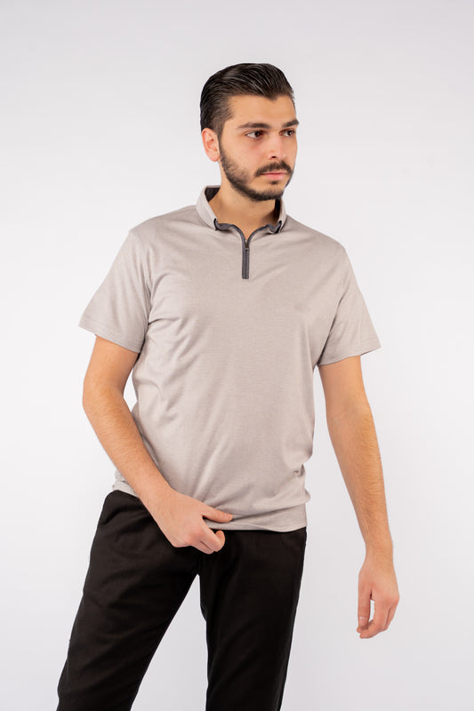 GREY ZIPPER BUTTON COLLAR POLO