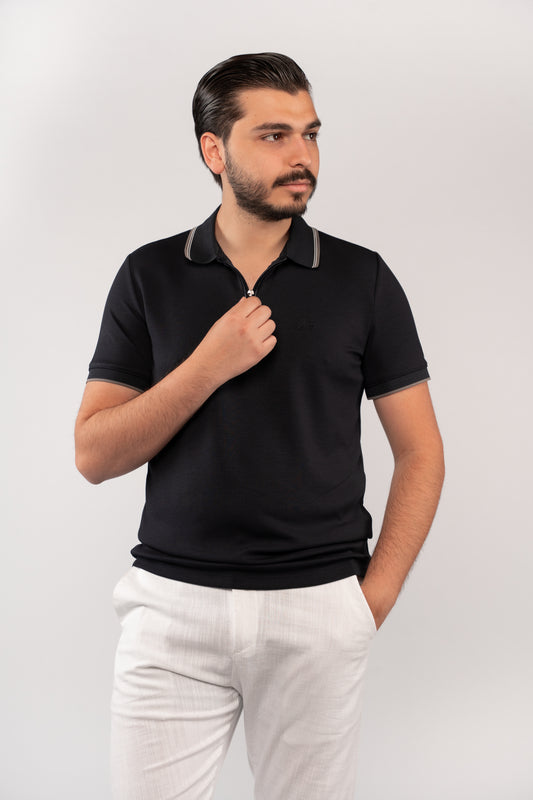 NAVY MIXED COLLAR ZIPPER POLO