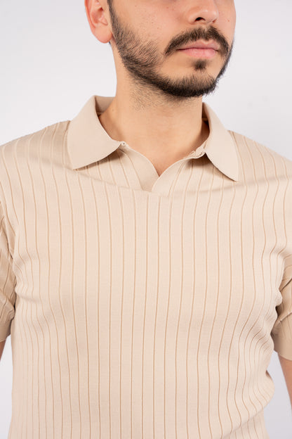 BEIGE VNECK LINED POLO