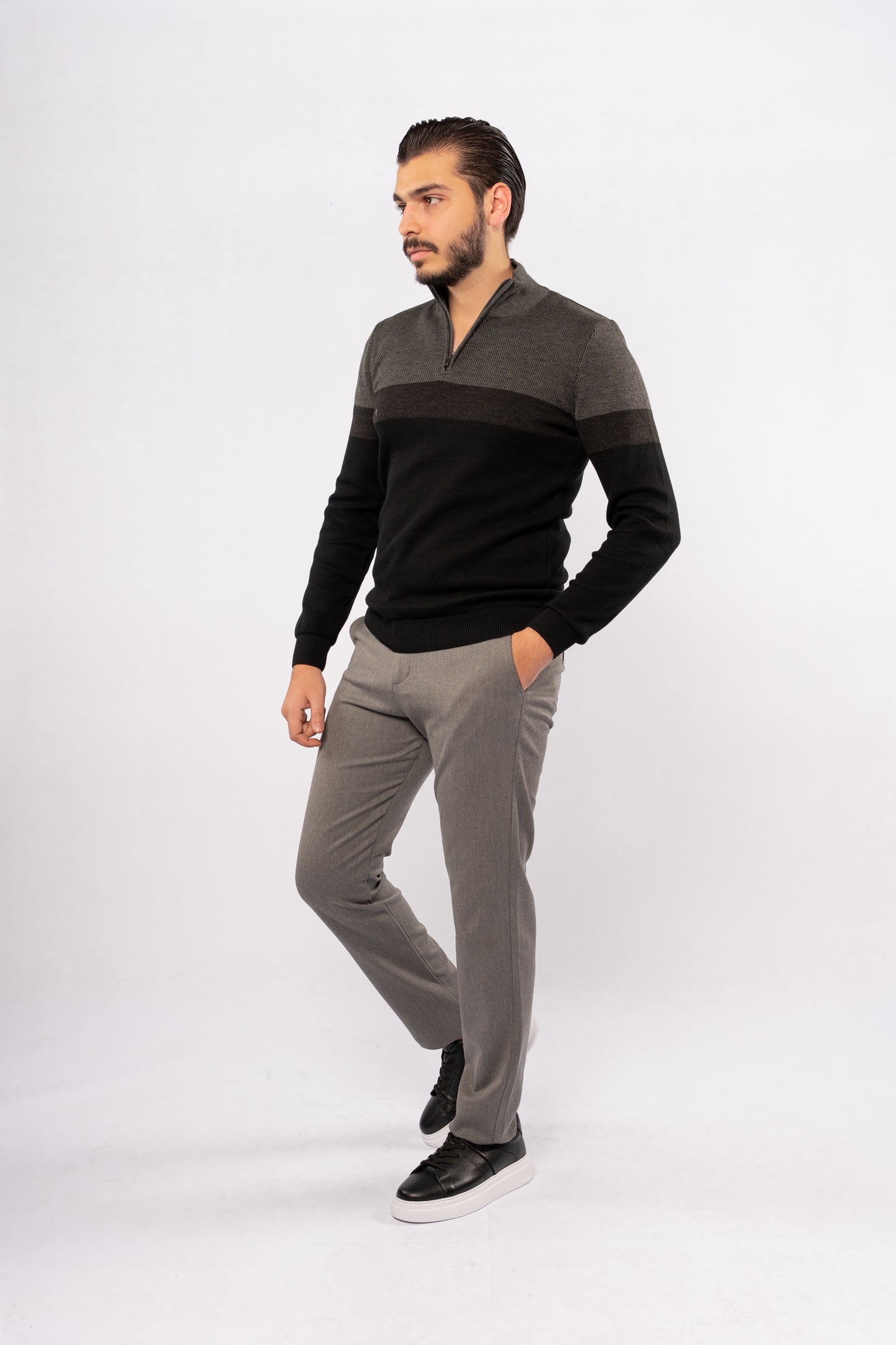 BLACK GREY CASUAL HIGHNECK ZIPPER