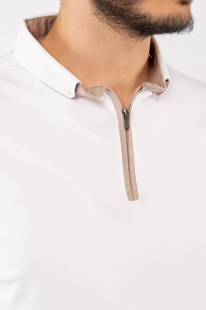 WHITE ZIPPER BUTTON COLLAR POLO