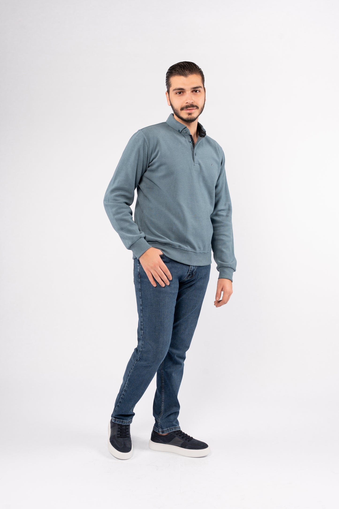 BLUE BUTTON POLO SWEATER
