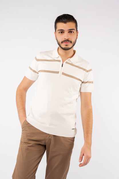 WHITE BEIGE LINES ZIPPER POLO