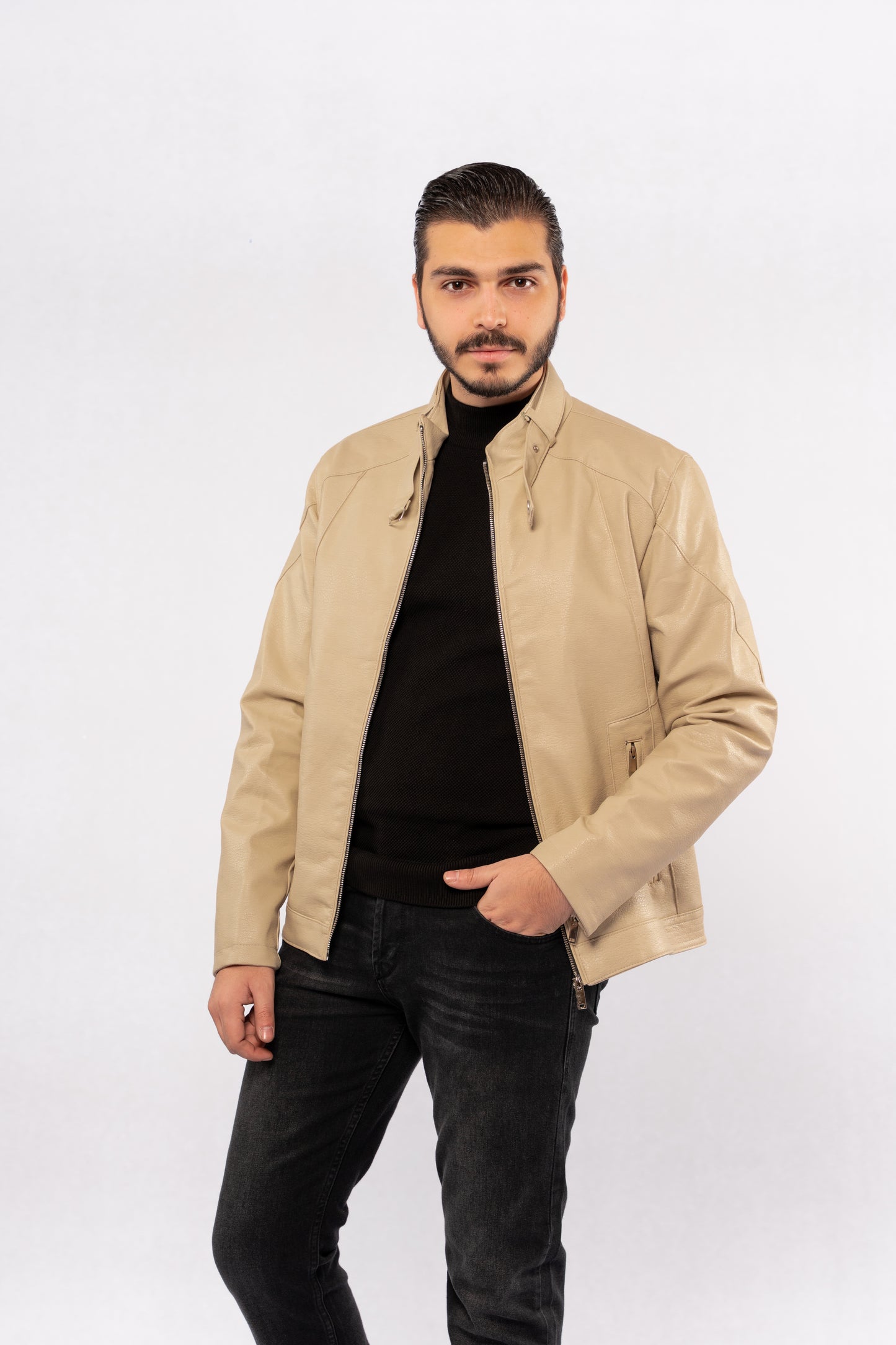 BEIGE CASUAL LEATHER JACKET