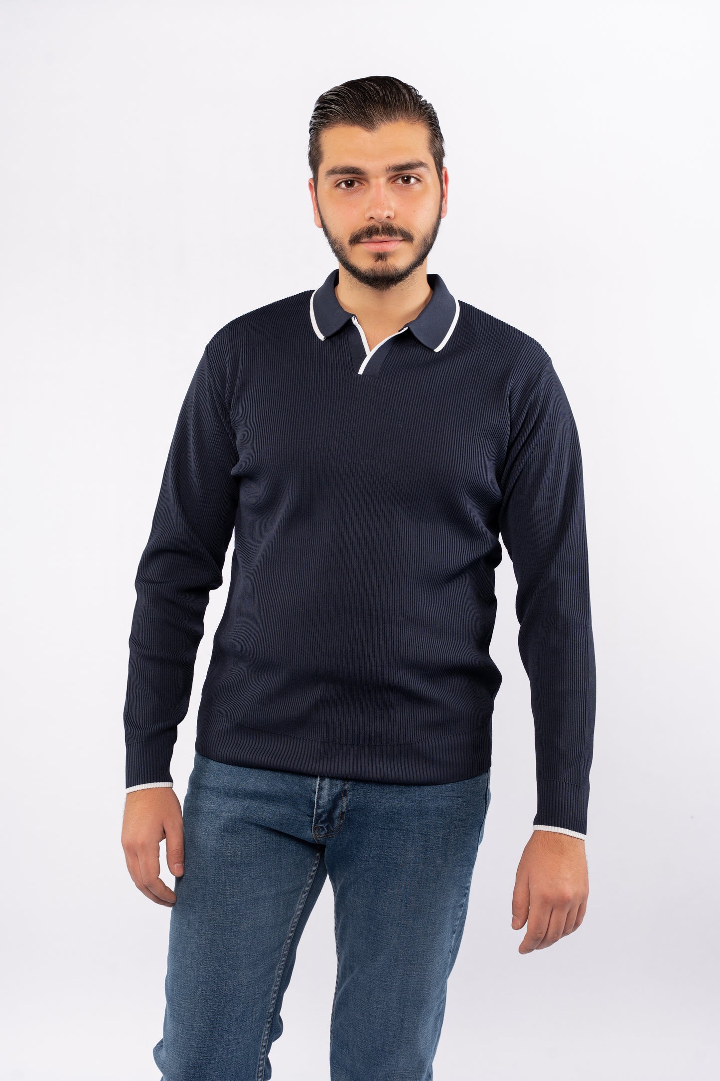 NAVY LINED POLO SWEATER