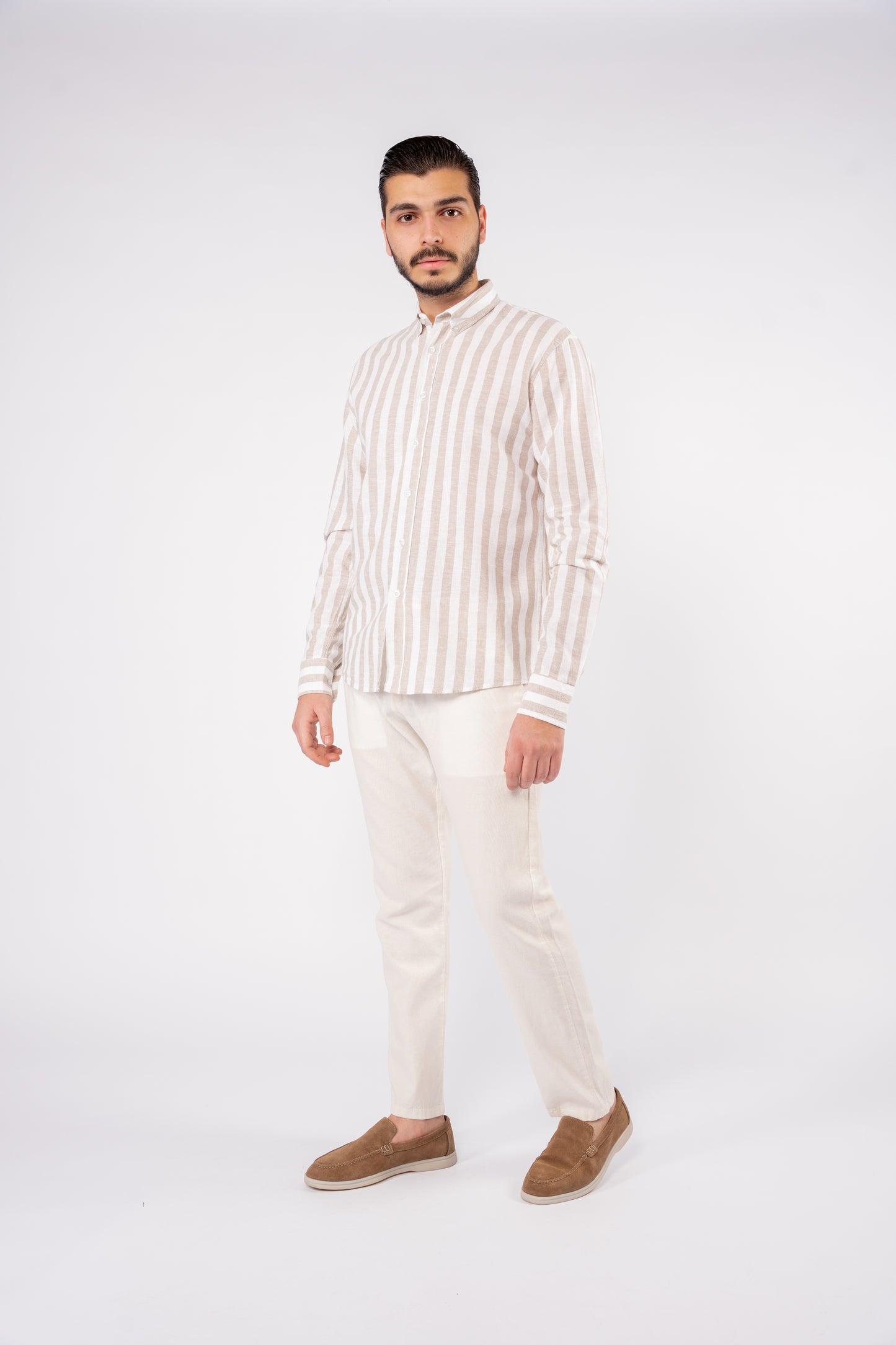 BEIGE LINED LINEN SHIRT