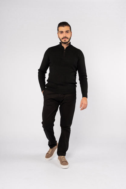BLACK KNITTED HIGHNECK ZIPPER SWEATER