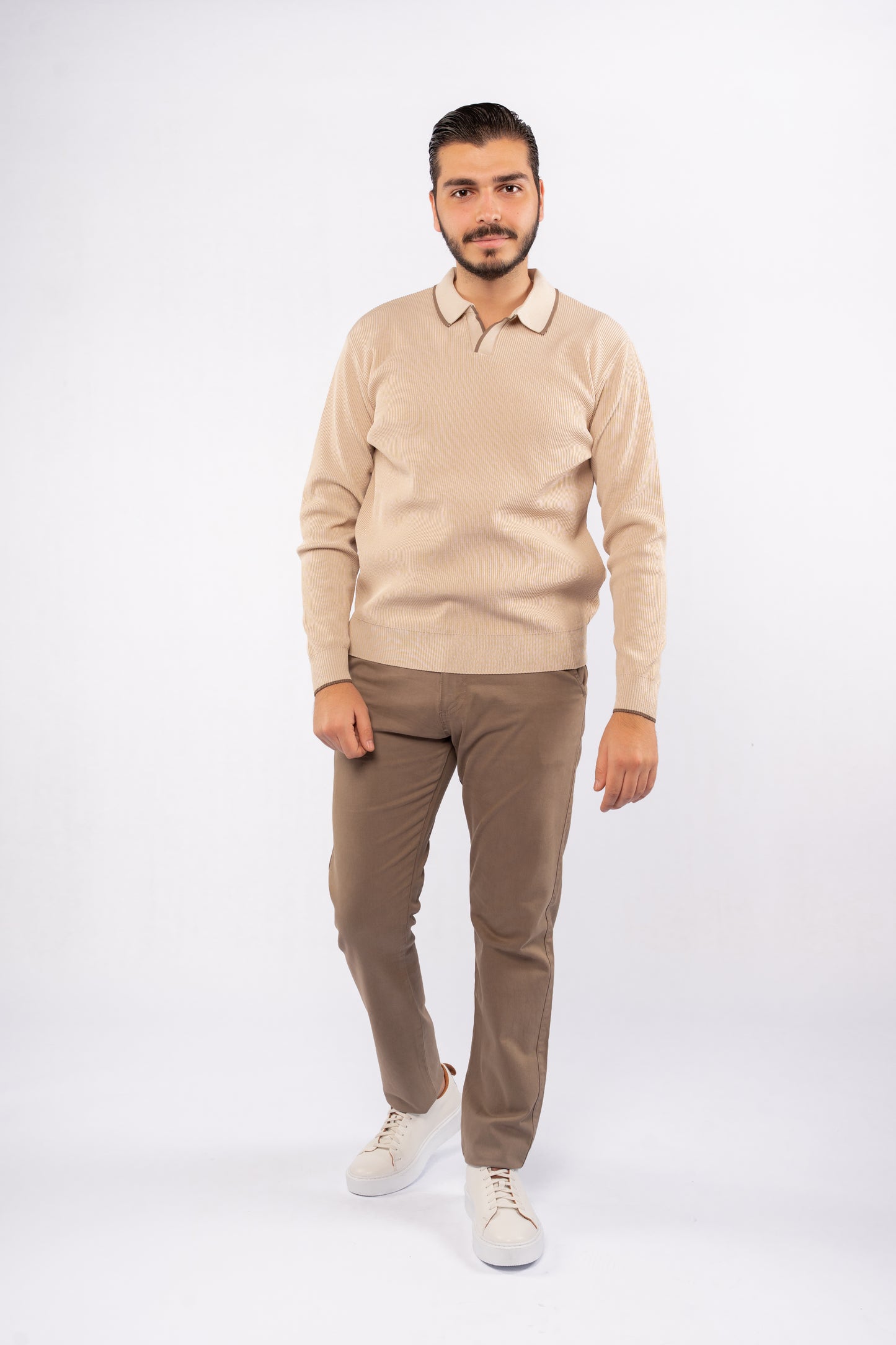 BEIGE LINED POLO SWEATER