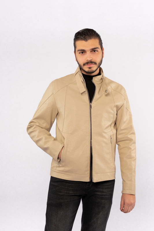 BEIGE CASUAL LEATHER JACKET