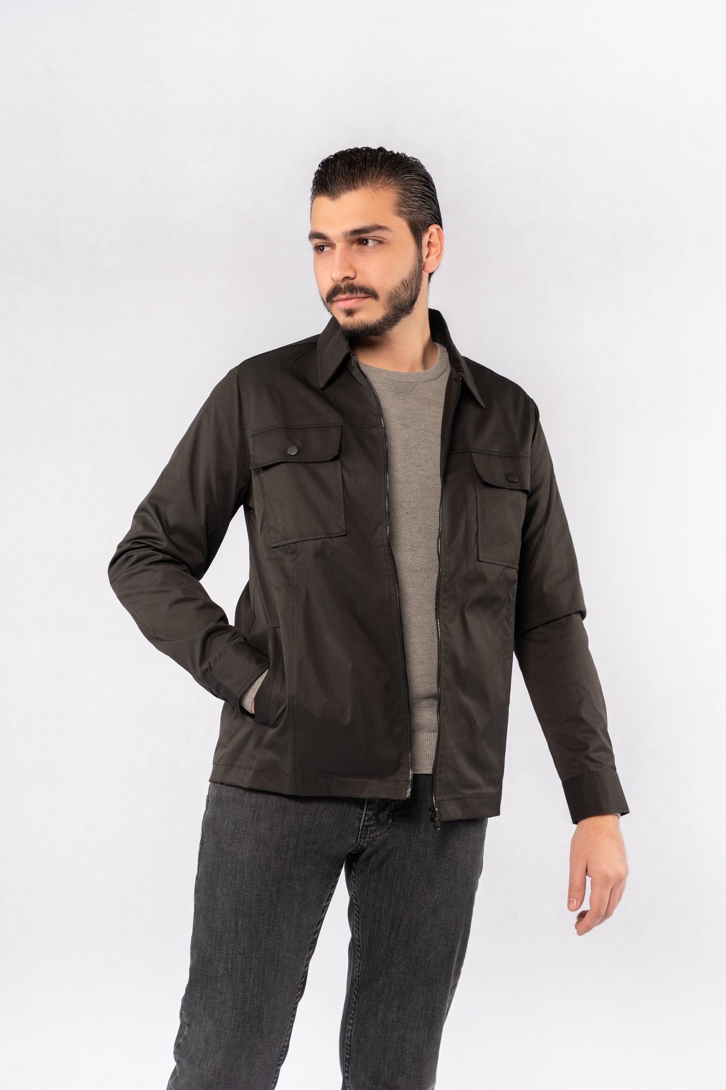 GREY ROUND NECK PIQUET SWEATER