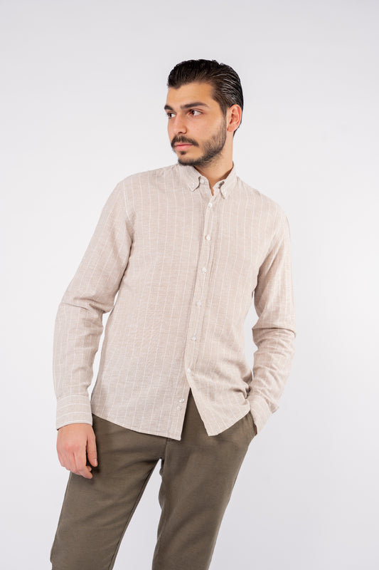 BEIGE WHITE LINED LINEN SHIRT