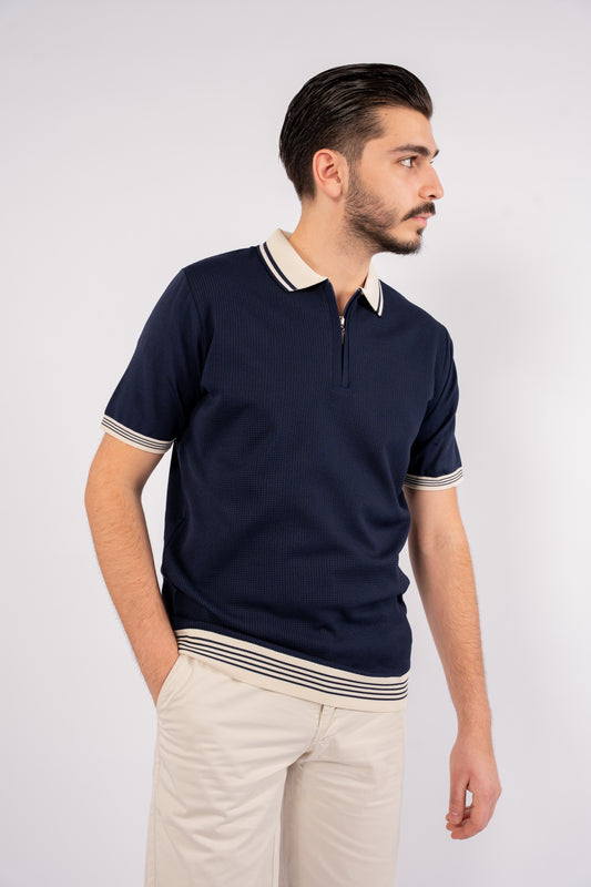 NAVY MIXED ZIPPER TRICOT POLO
