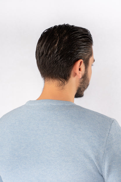 BLUE ROUND NECK PIQUET SWEATER