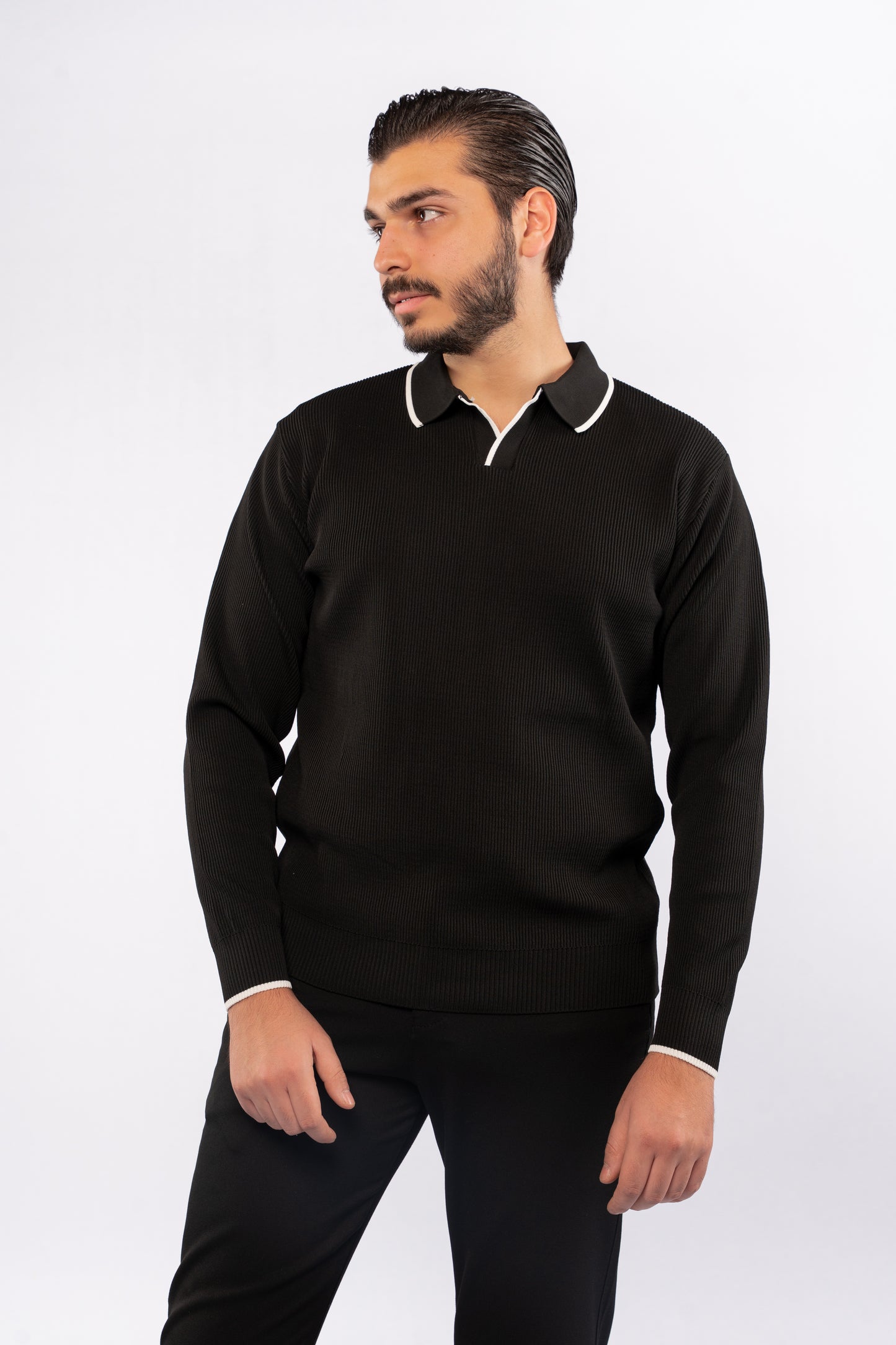 BLACK LINED POLO SWEATER