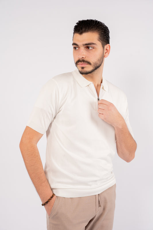 WHITE MERCERIZED ZIPPER POLO