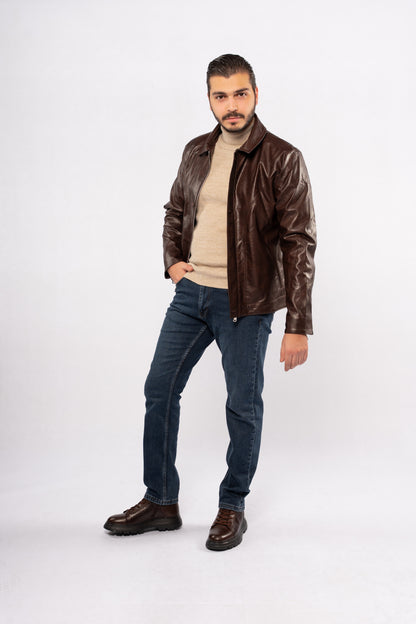 BROWN TRUCKER LEATHER JACKET