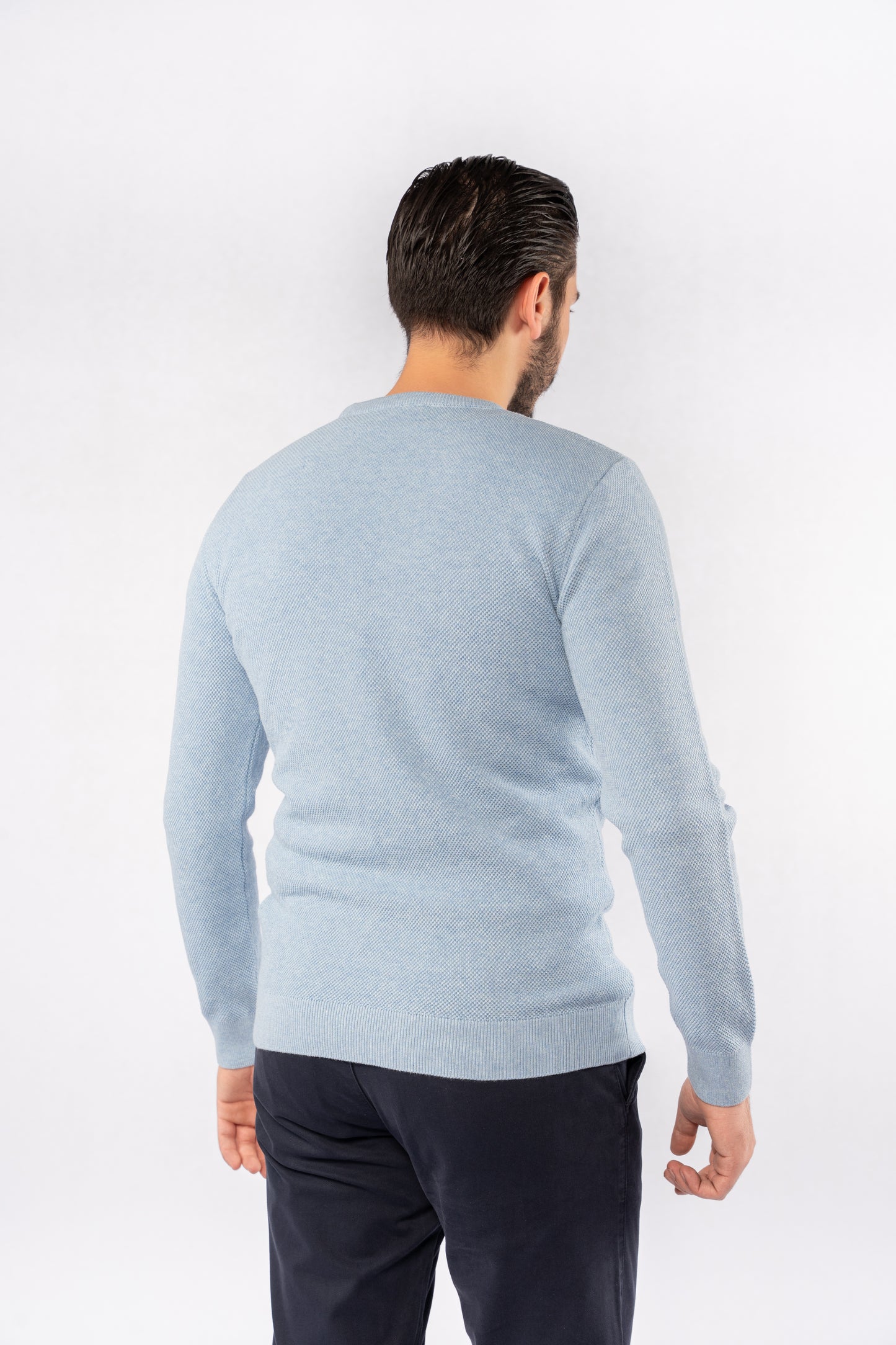 BLUE ROUND NECK PIQUET SWEATER