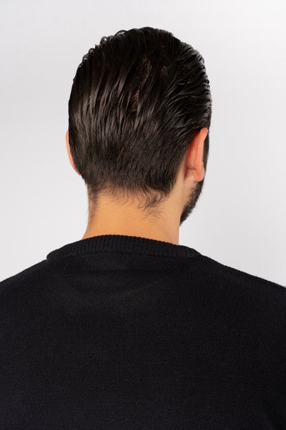 NAVY ROUND NECK PIQUET SWEATER