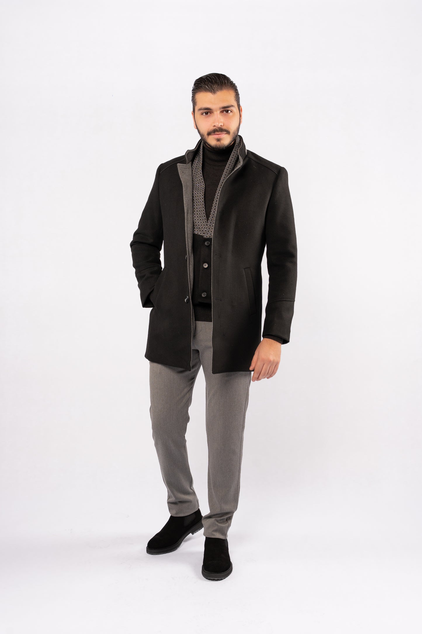 BLACK SEMI CASUAL WOOL COAT