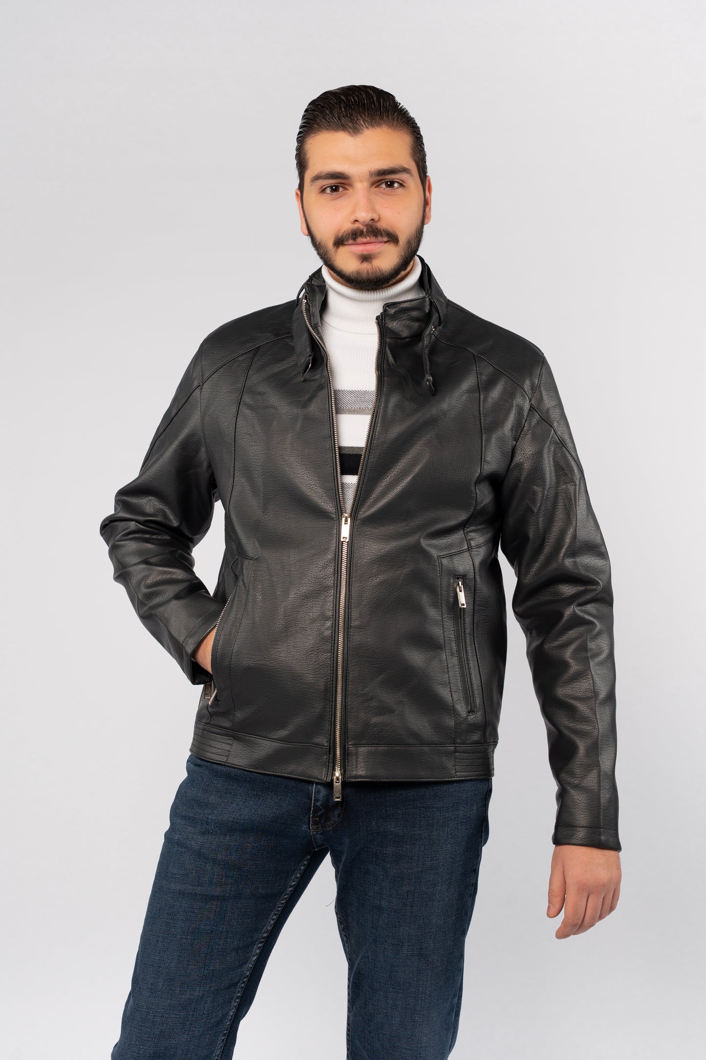 DARK NAVY CASUAL LEATHER JACKET
