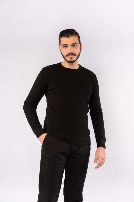 BLACK ROUND NECK PIQUET SWEATER