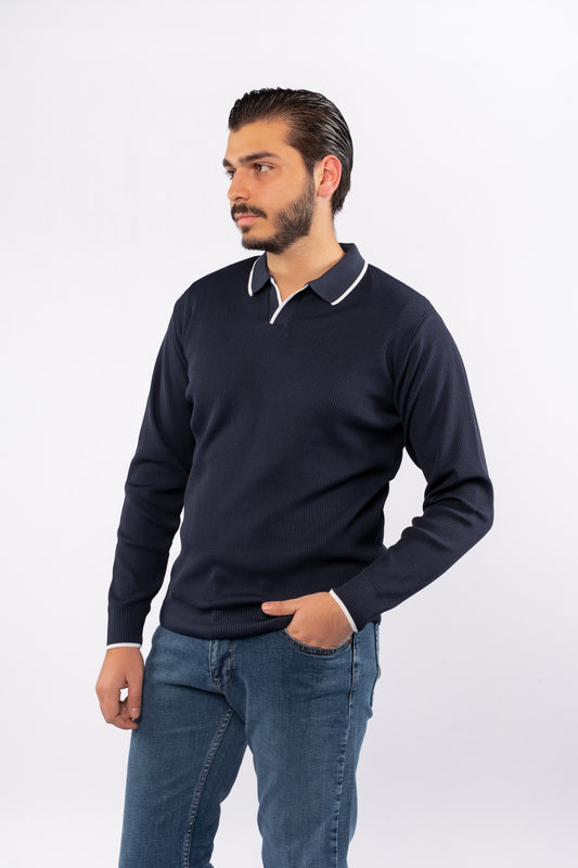 NAVY LINED POLO SWEATER
