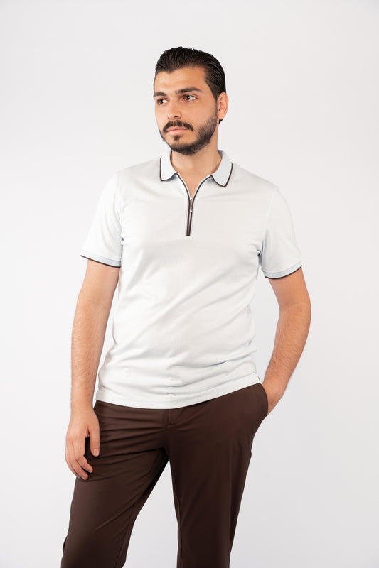 BLUE BROWN LINE ZIPPER MERCERIZED POLO