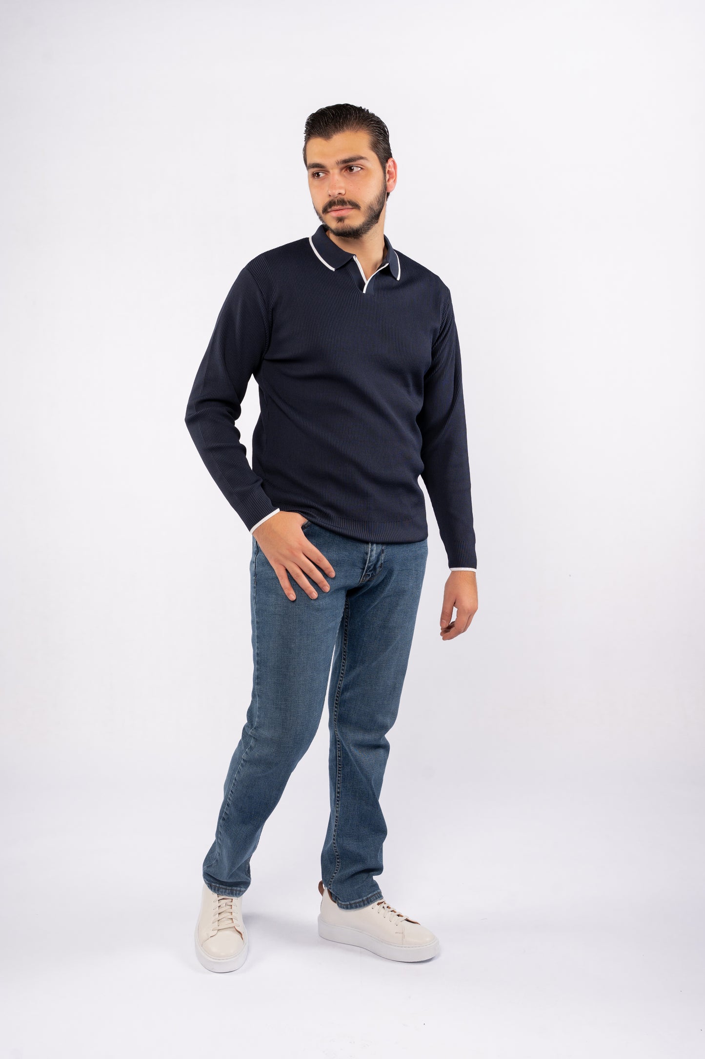 NAVY LINED POLO SWEATER