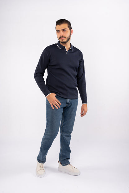 NAVY LINED POLO SWEATER