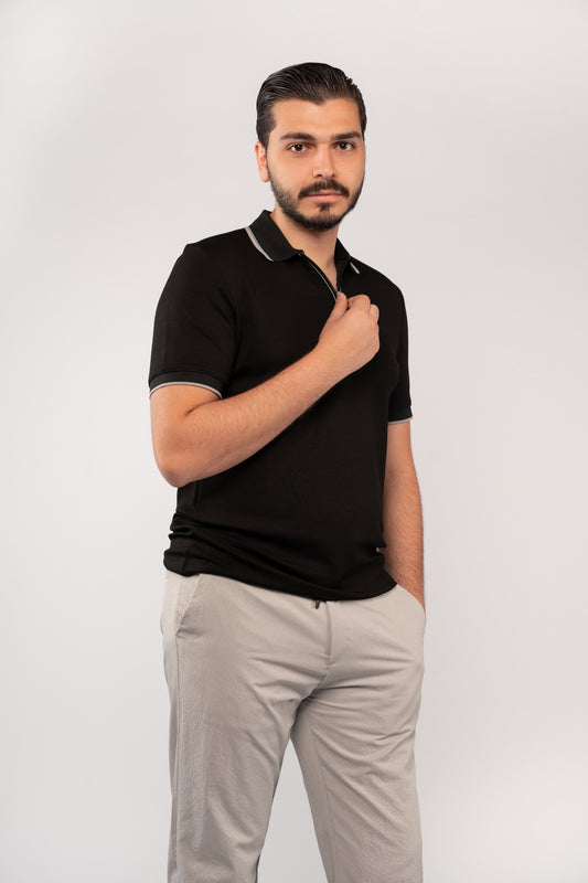 BLACK MIXED COLLAR ZIPPER POLO