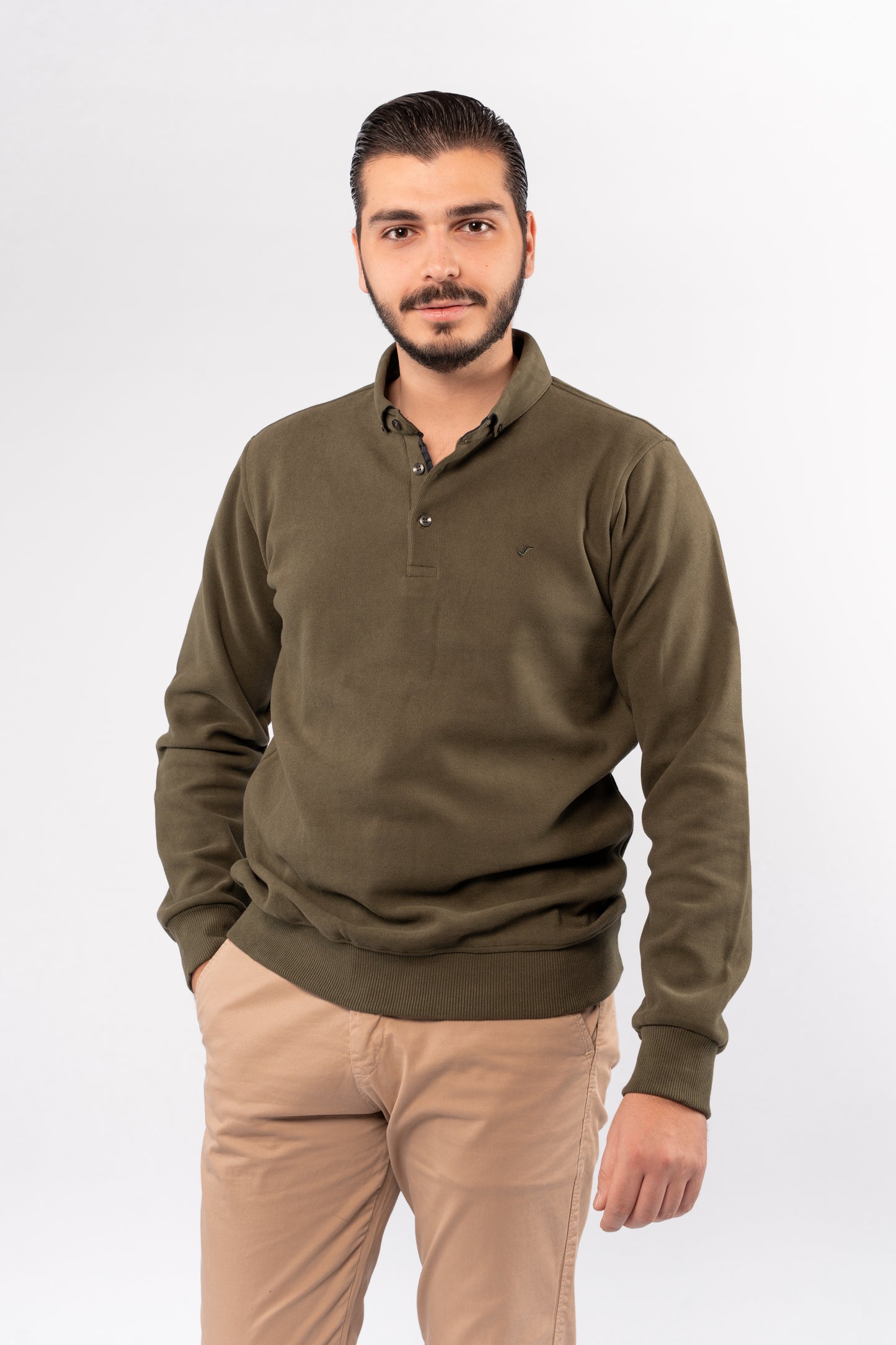 OLIVE BUTTON POLO SWEATER