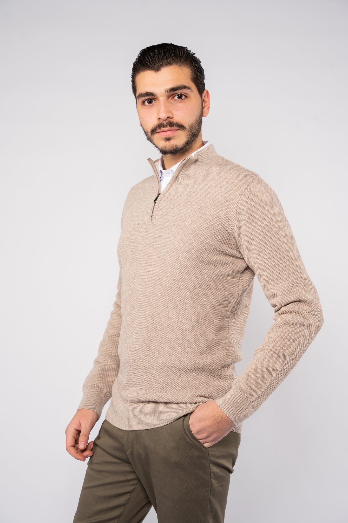 BEIGE PIQUET HIGH NECK ZIPPER
