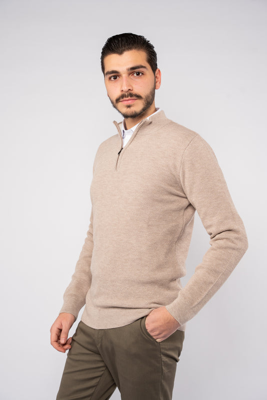 BEIGE PIQUET HIGH NECK ZIPPER