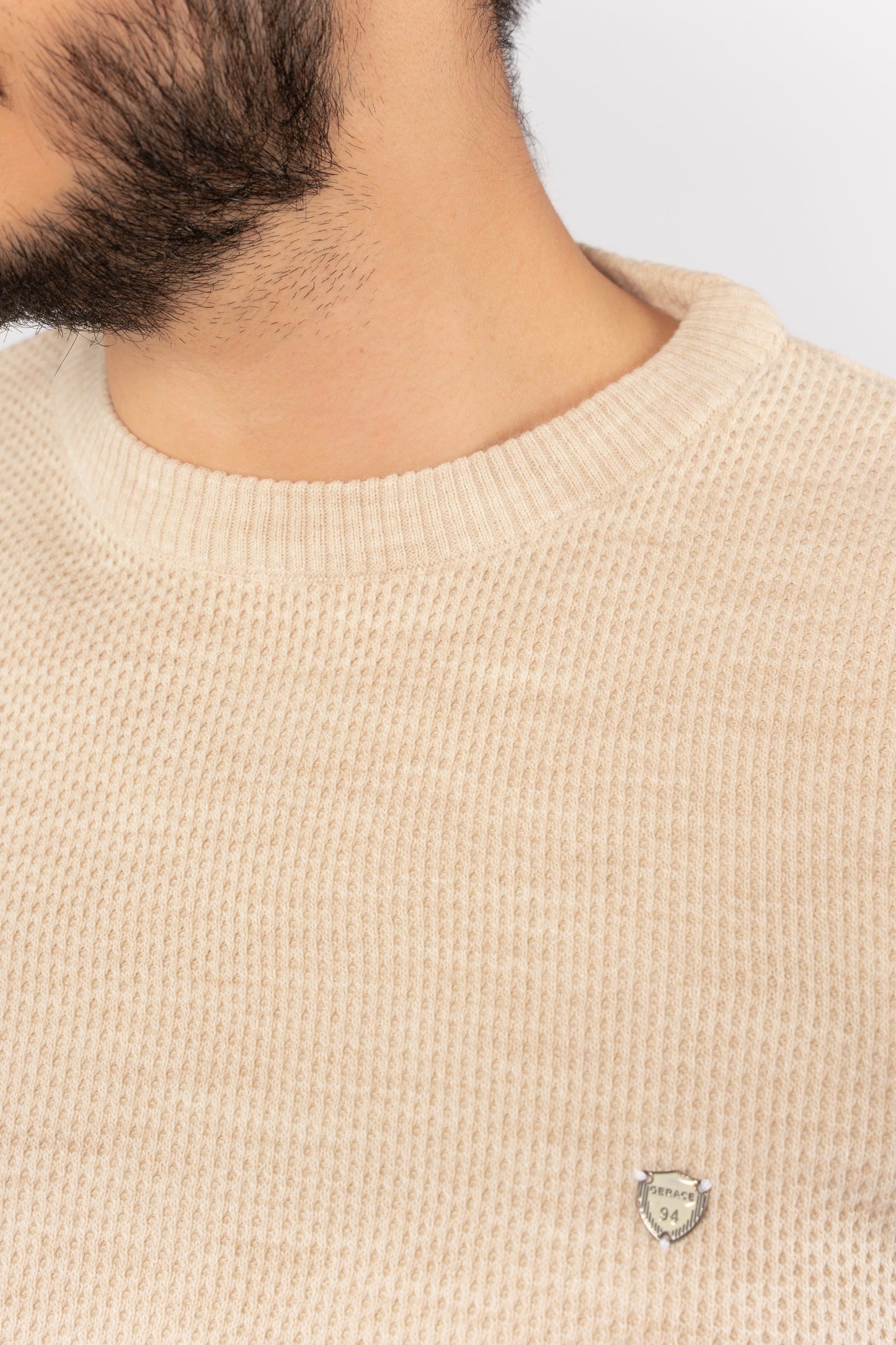 BEIGE ROUND NECK PIQUET SWEATER