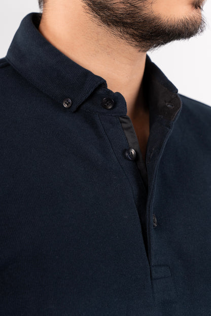NAVY BUTTON POLO SWEATER