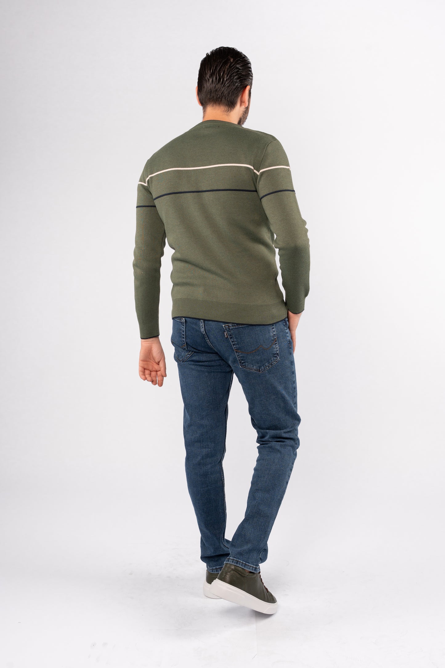 OLIVE-NAVY LINE SWEATER