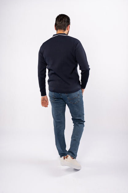 NAVY LINED POLO SWEATER