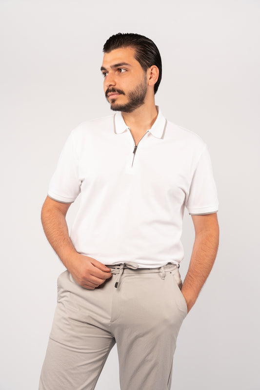 WHITE GREY LINE ZIPPER POLO