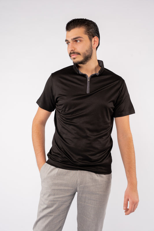 BLACK ZIPPER BUTTON COLLAR POLO