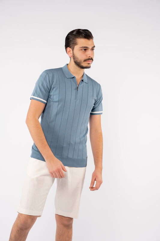 LINED BLUE ZIPPER POLO