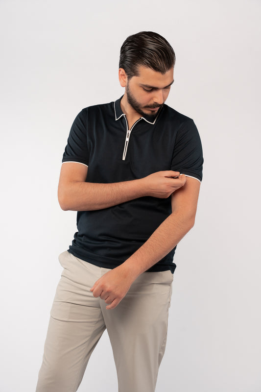 NAVY WHITE LINE ZIPPER MERCERIZED POLO