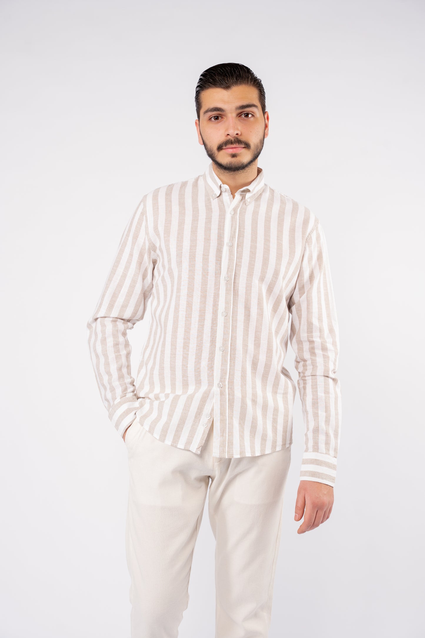 BEIGE LINED LINEN SHIRT