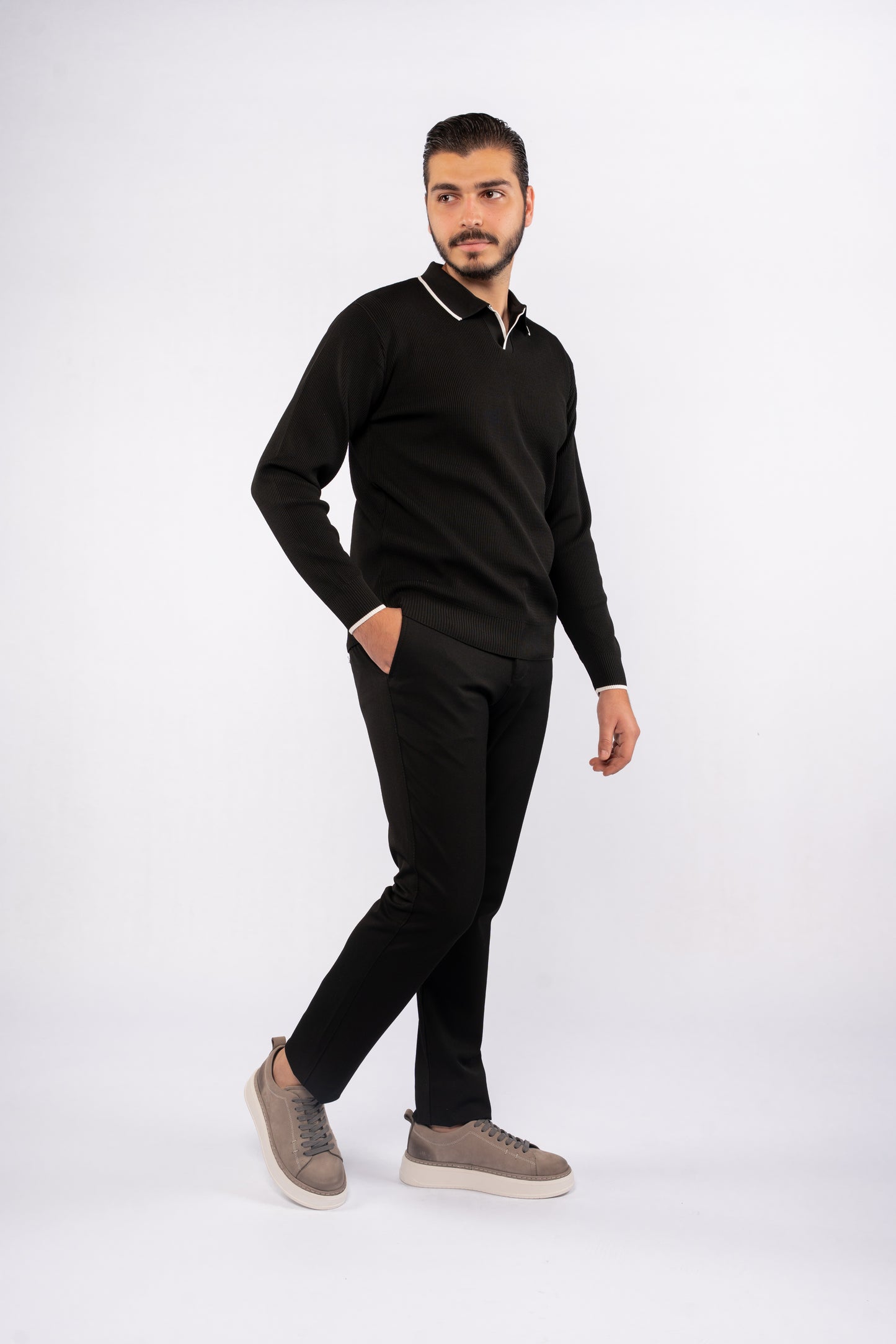 BLACK LINED POLO SWEATER