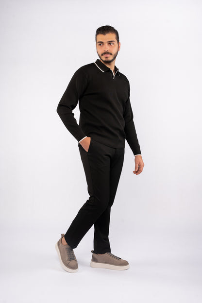 BLACK LINED POLO SWEATER