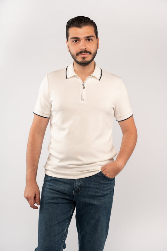 WHITE MIXED COLLAR ZIPPER POLO