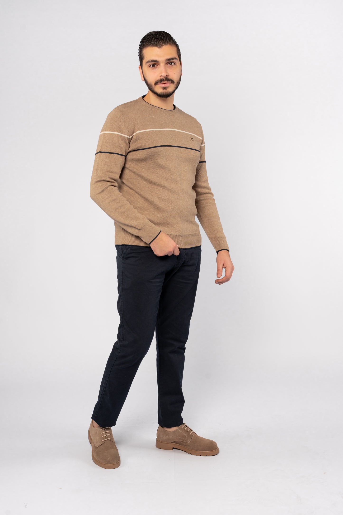 DARK BEIGE NAVY LINE SWEATER