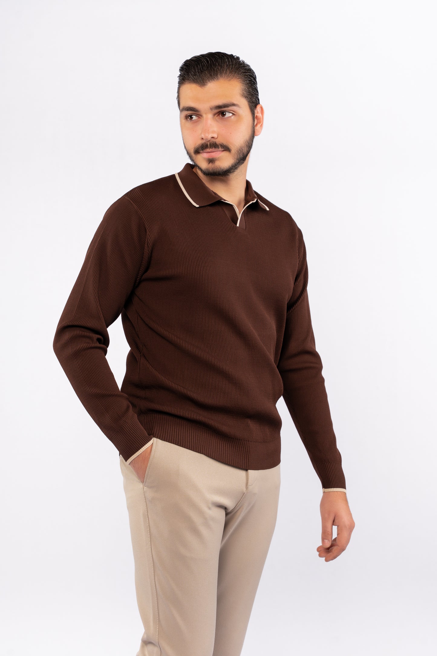 BROWN LINED POLO SWEATER