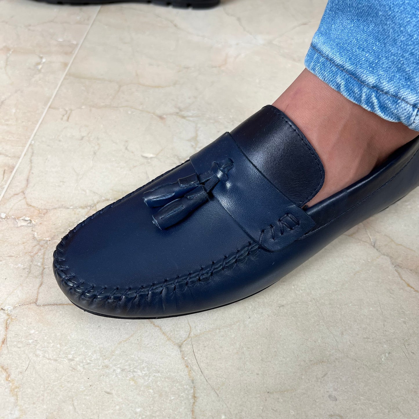 Navy Leather Tassels Moccasin