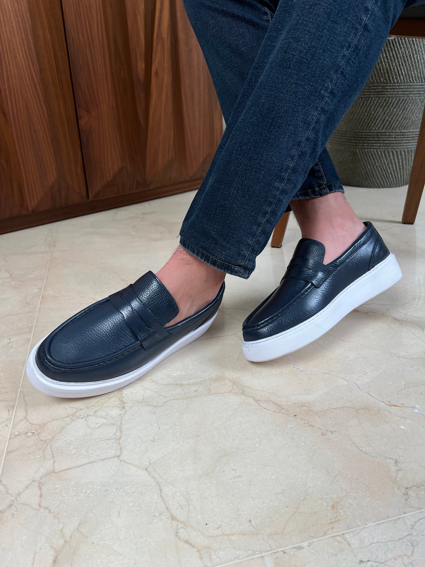 NAVY LOAFER LEATHER HIGH SOLE