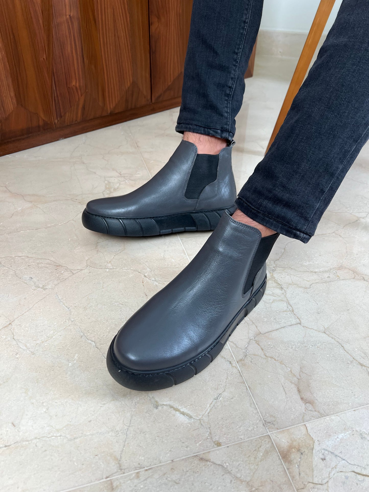 Grey Chelsea Leather Boots